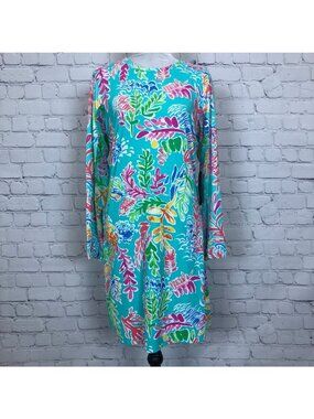 NWT IBKUL Long Sleeve Crew Neck Dress Size M Turquoise Coral Print UPF 50